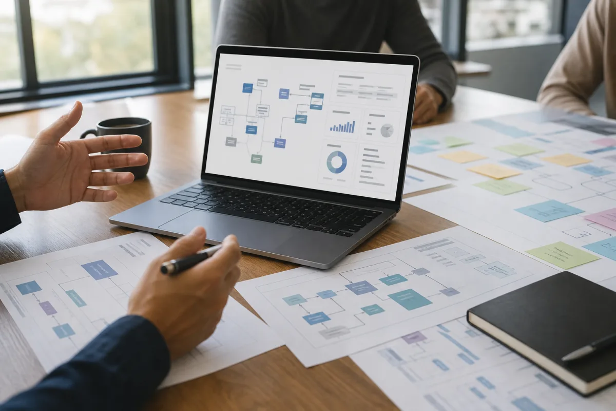 Laptop with abstract workflow architecture and dashboard blocks