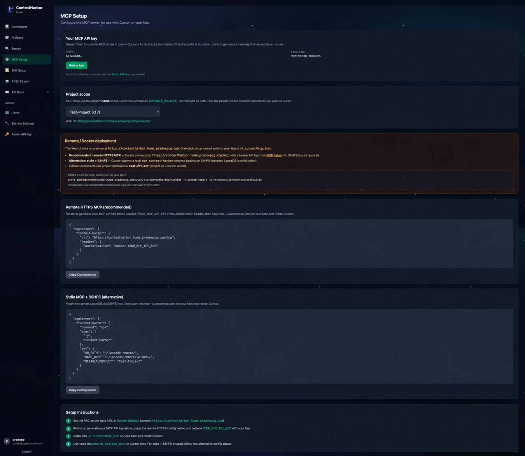 ContextHarbor MCP connection setup screen