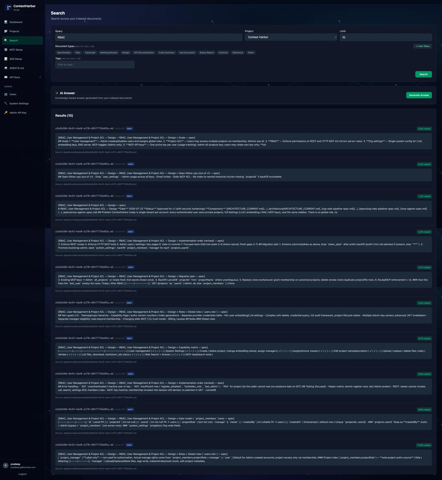 ContextHarbor hybrid search screen with project filters and retrieved context
