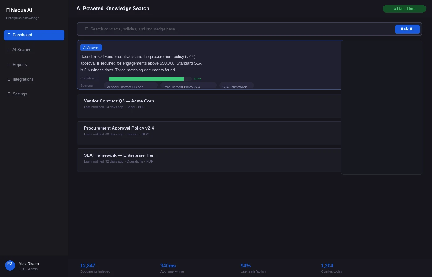 A production enterprise AI knowledge search application showing AI-generated answers with confidence scoring, source attribution, and document results in a dark-mode interface