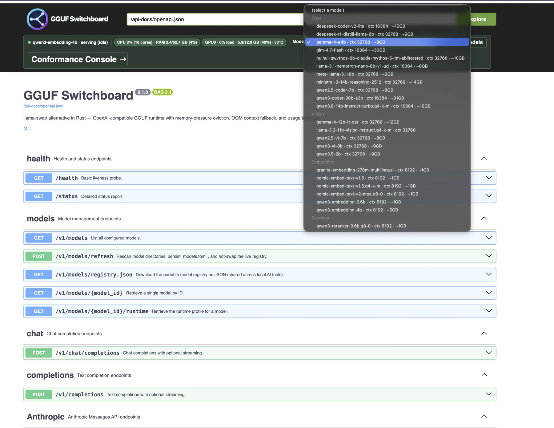 GGUF Switchboard API dashboard with the model selector open and runtime status visible