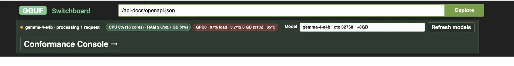GGUF Switchboard dashboard header with a model loaded and hardware status visible