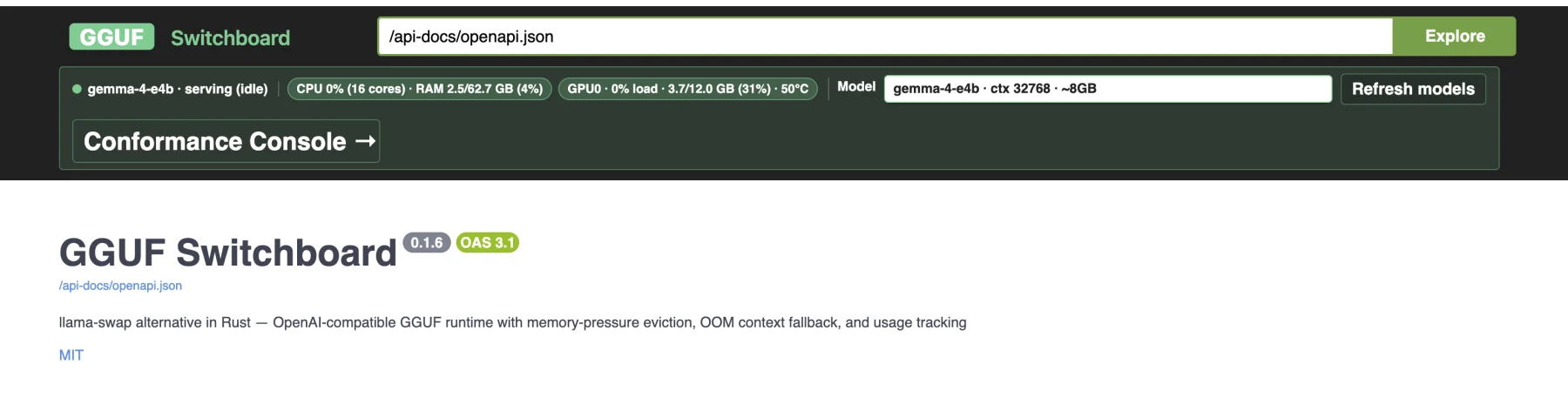 GGUF Switchboard dashboard header before a model is loaded