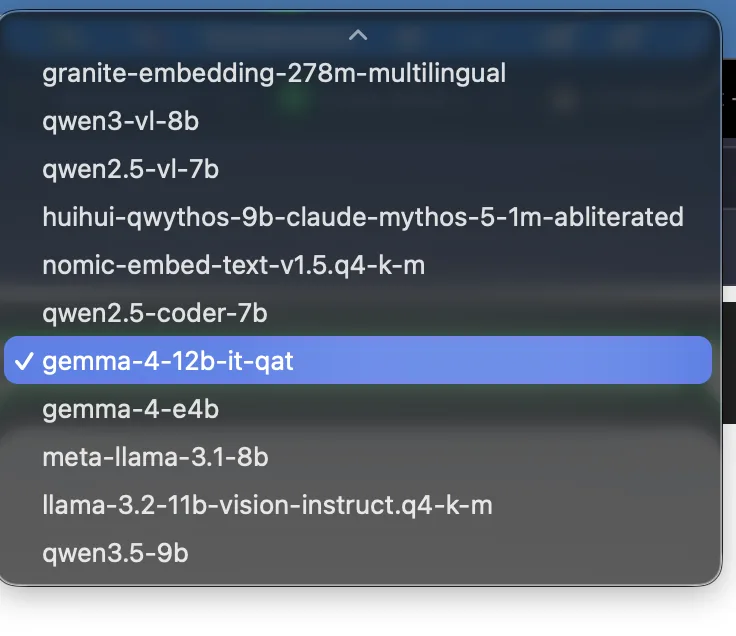 Model switcher listing available GGUF embedding, coding, vision, and language models with Gemma selected
