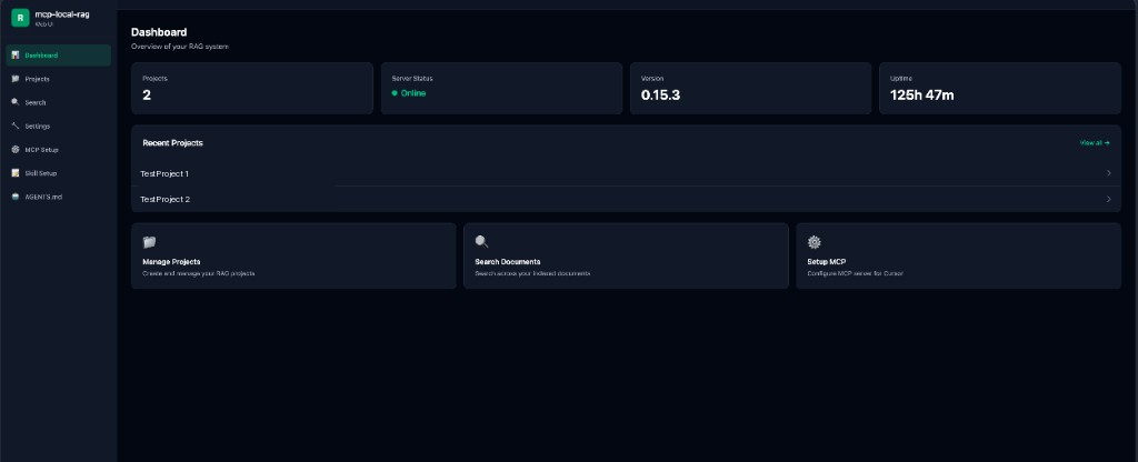 Local Project RAG dashboard showing two anonymized test projects and the service status