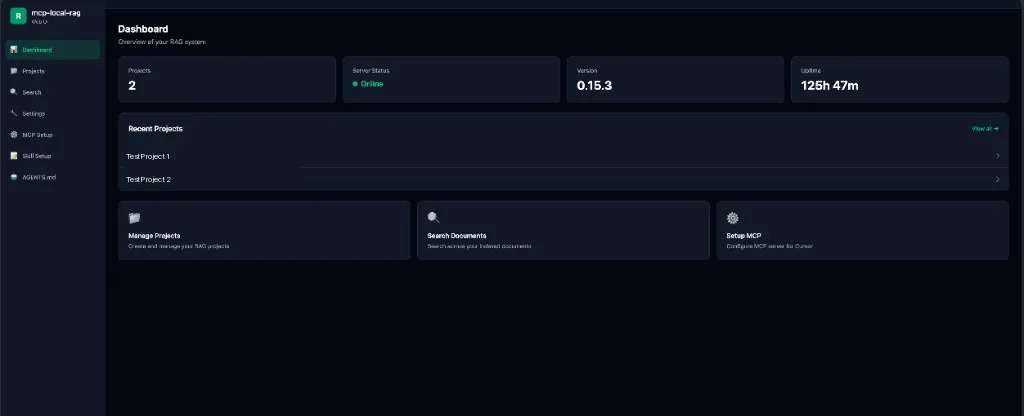 Local Project RAG dashboard showing two anonymized test projects and the service status