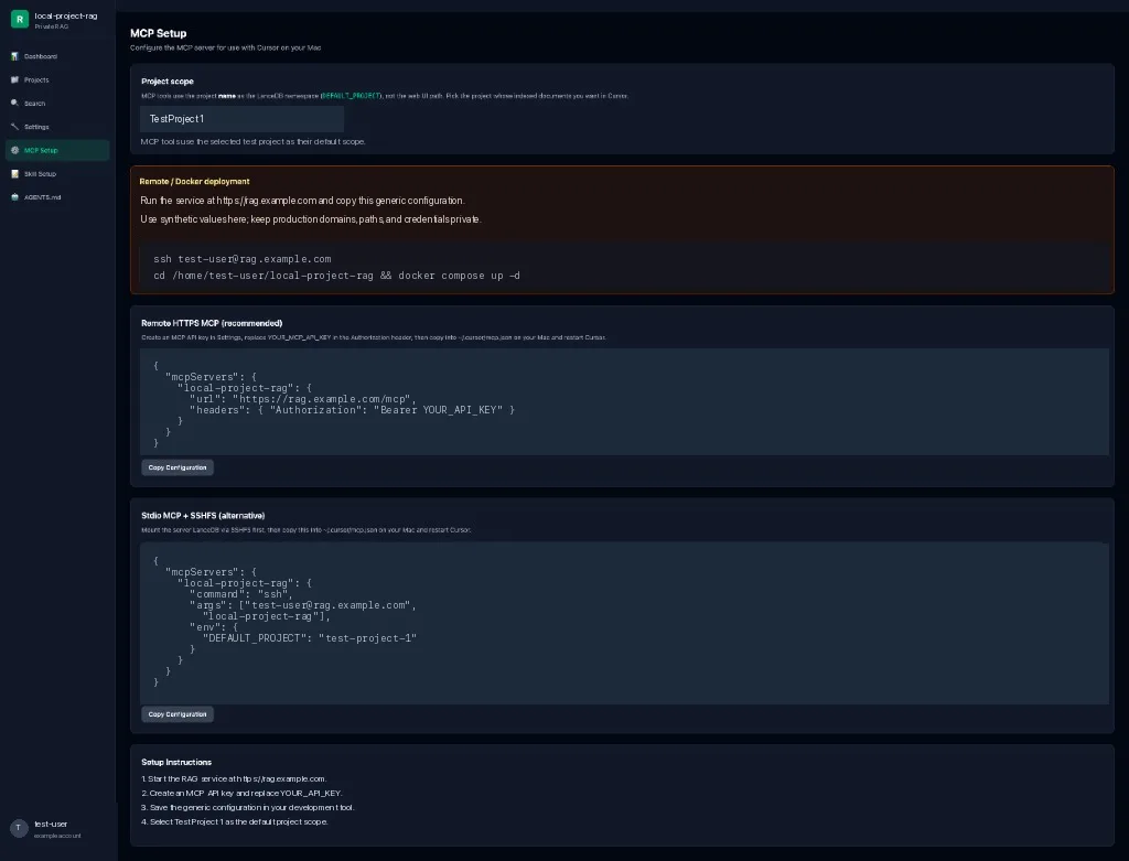 Generic MCP configuration for connecting developer tools to a Local Project RAG service
