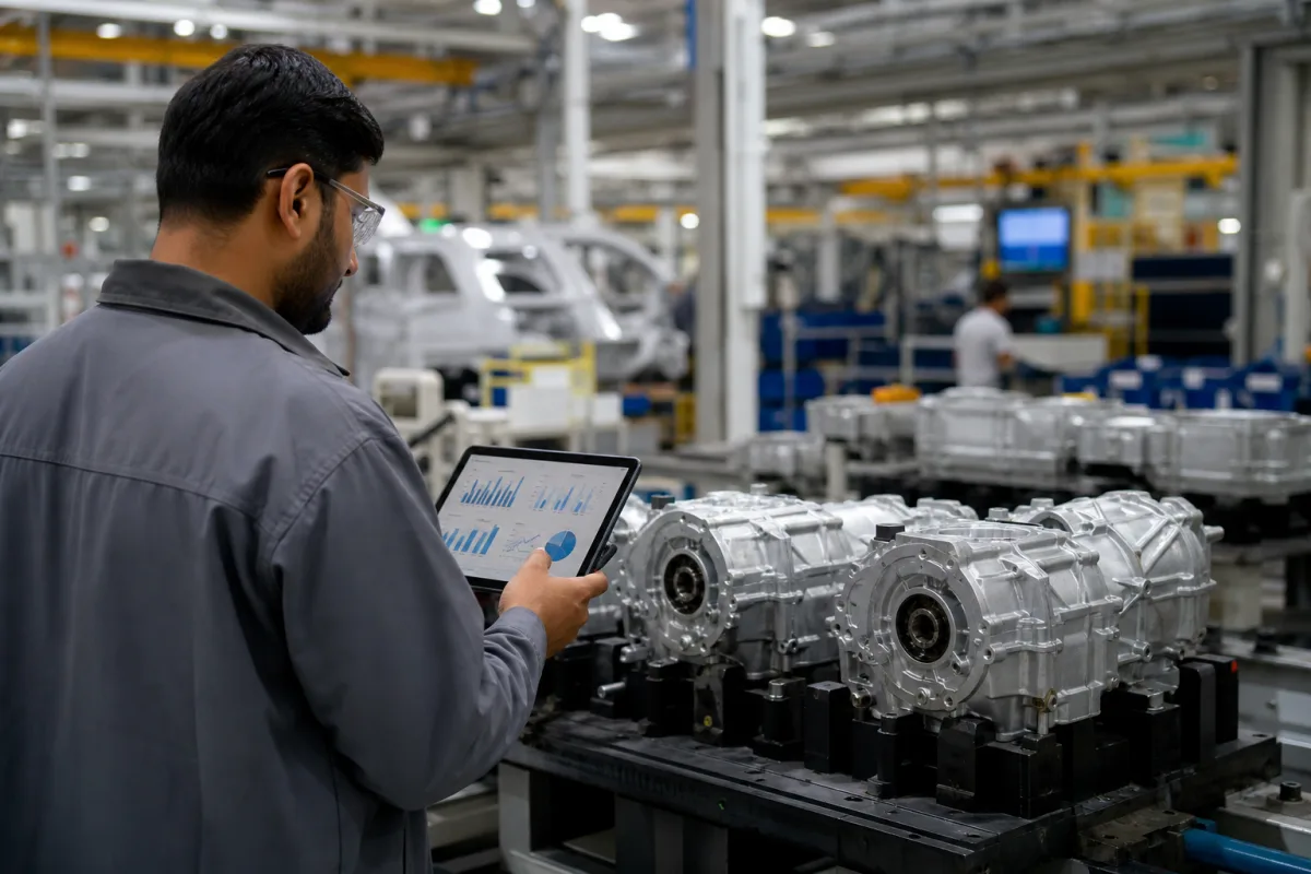 Manufacturing operations manager reviewing analytics on a tablet